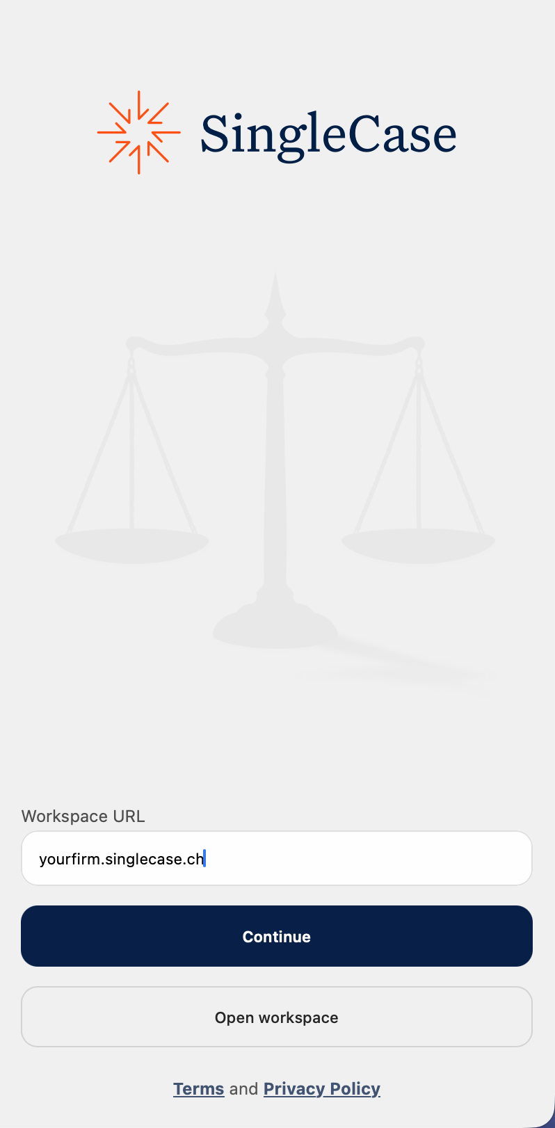 SingleCase welcome screen with workspace URL input field